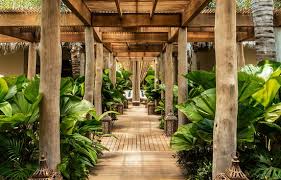 Outside pathway to large hot pool at Spatium spa in Nuevo Nayarit