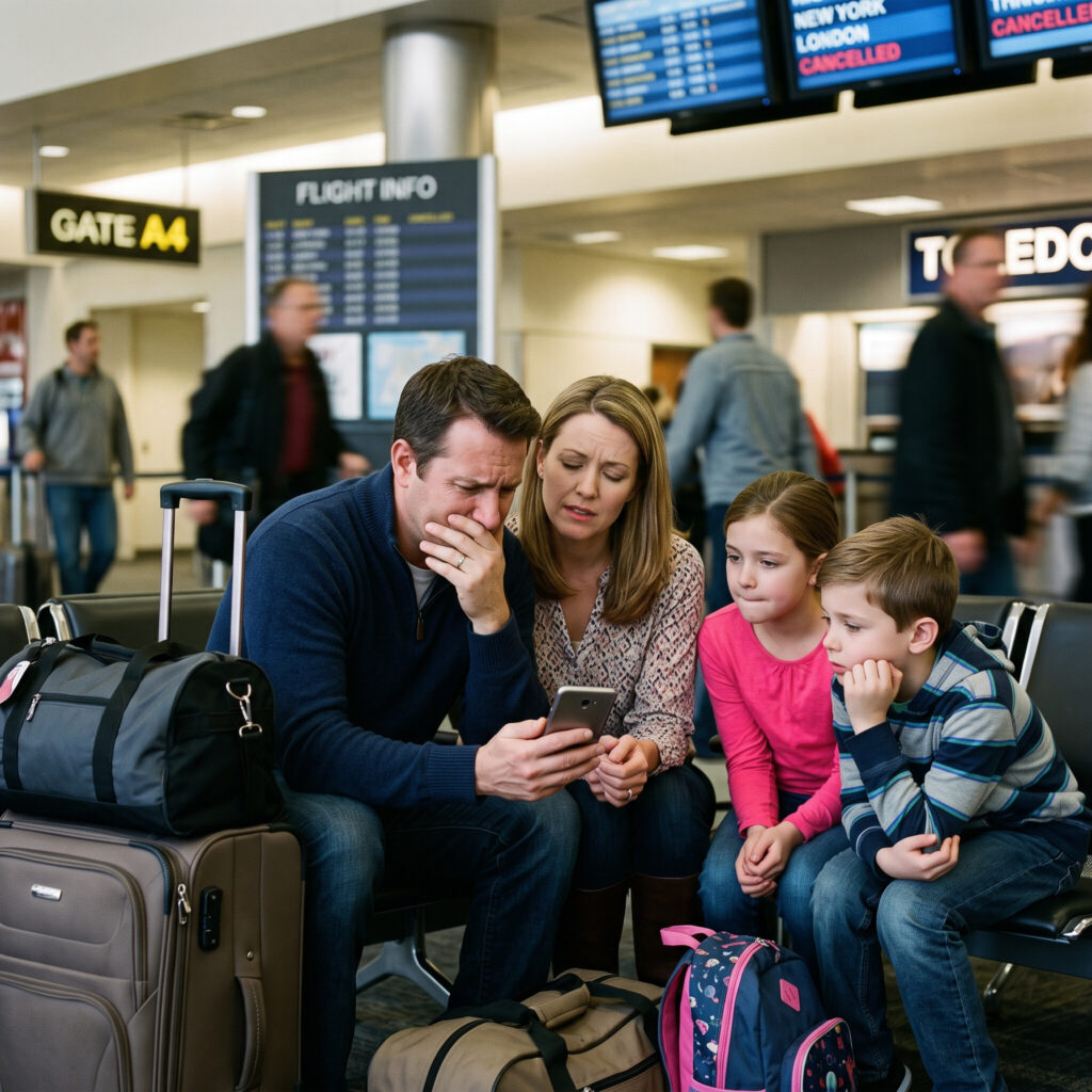 Should You Buy Travel Insurance? with family at an airport receiving bad news via cell phone.