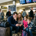 Should You Buy Travel Insurance? with family at an airport receiving bad news via cell phone.