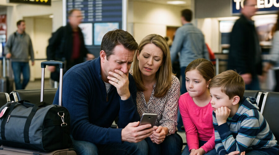 Should You Buy Travel Insurance? with family at an airport receiving bad news via cell phone.