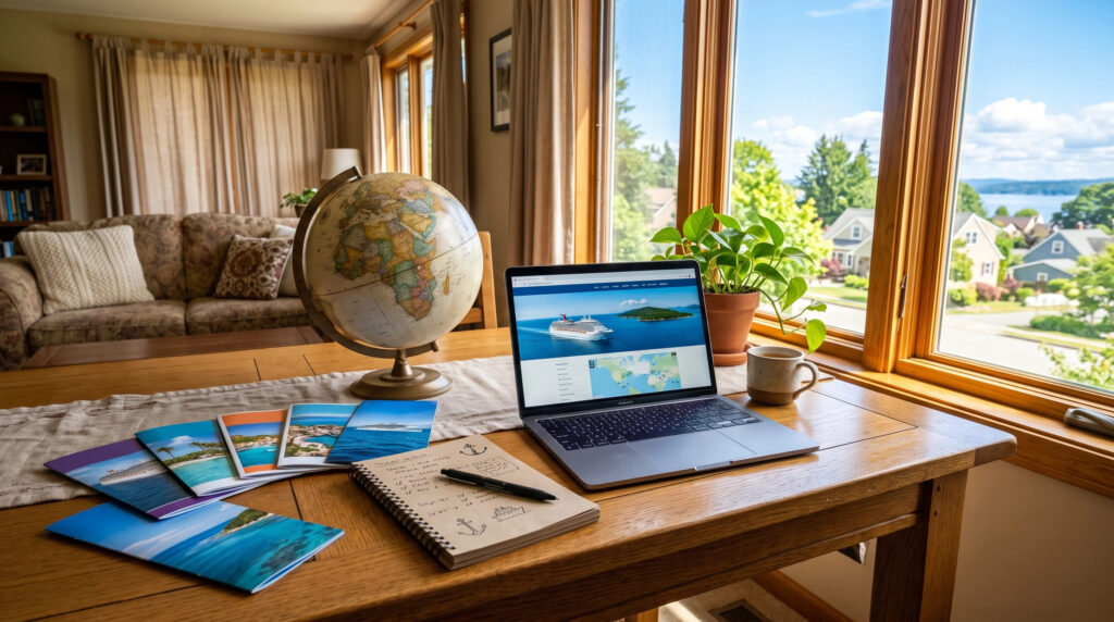 Cruise Planning Guide with globe on desk