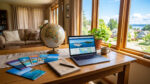 Cruise Planning Guide with globe on desk