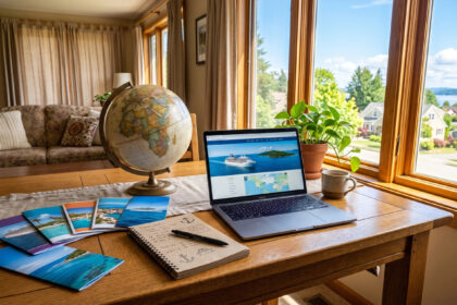 Cruise Planning Guide with globe on desk