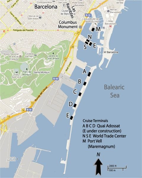 A typical port diagram showing the distance from the various cruise terminals and the city of Barcelona.