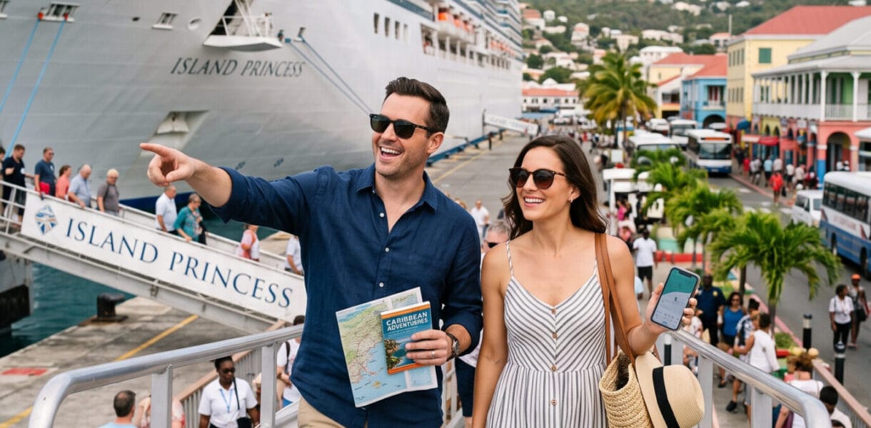 A young couple heading out for a grand day's adventure after booking their own excursions.