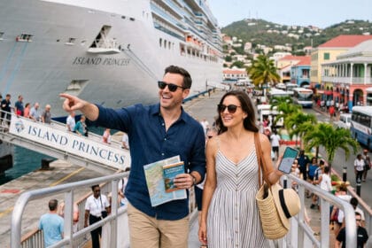 A young couple heading out for a grand day's adventure after booking their own excursions.