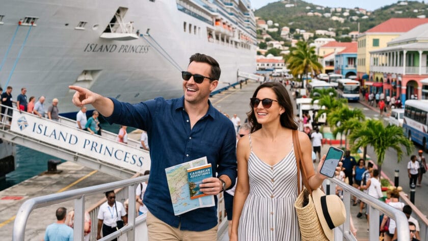 A young couple heading out for a grand day's adventure after booking their own excursions.