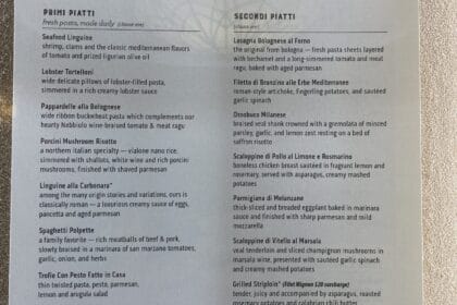 The menu at Sabatini's on board the Regal Princess